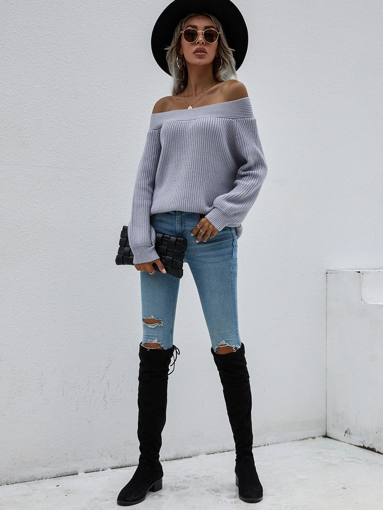 Smaibulun | Grey Bell-Sleeve Off-Shoulder Knit Sweater - Image 2