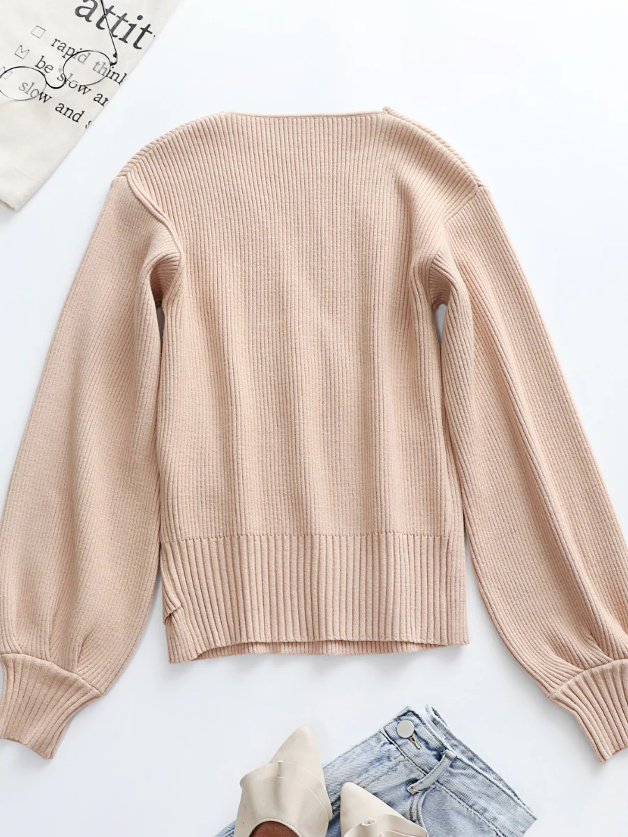 Smaibulun | Lantern-Sleeve V-Neck Wrap Knit Top - Beige - Image 2