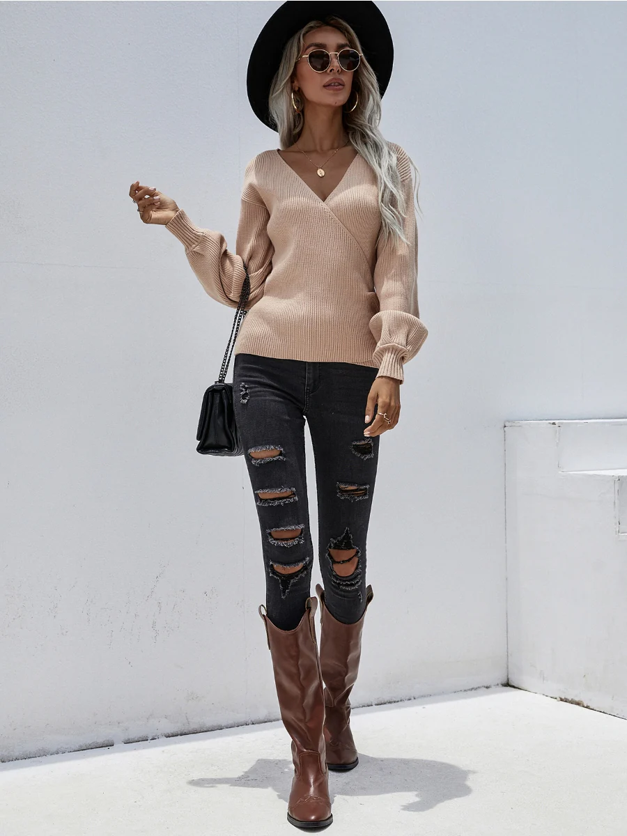 Smaibulun | Lantern-Sleeve V-Neck Wrap Knit Top - Beige - Image 4