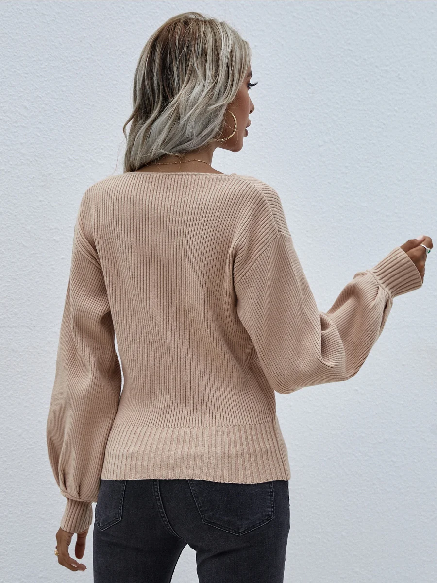 Smaibulun | Lantern-Sleeve V-Neck Wrap Knit Top - Beige - Image 6