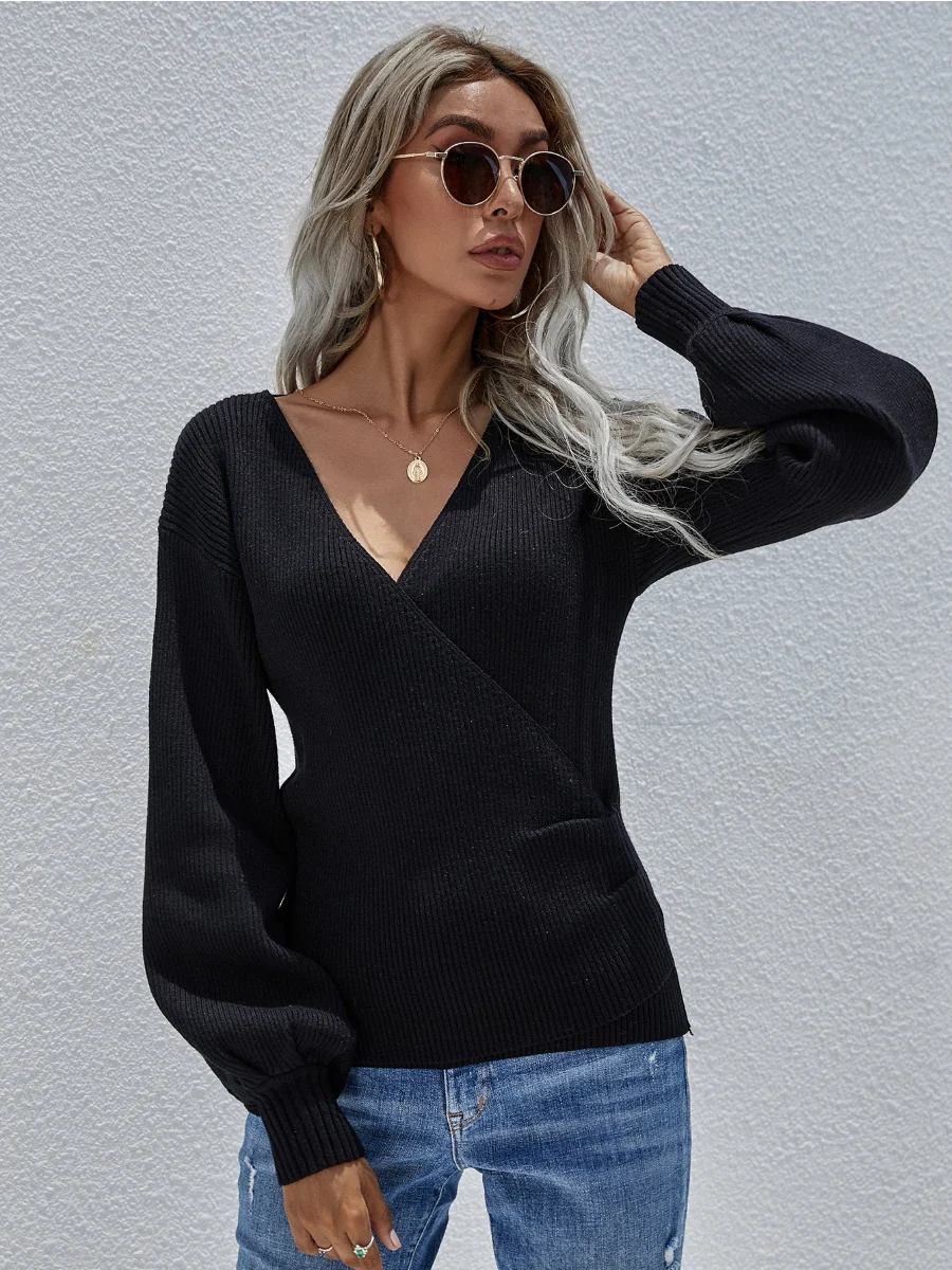 Smaibulun | Lantern-Sleeve V-Neck Wrap Knit Top - Black - Image 2