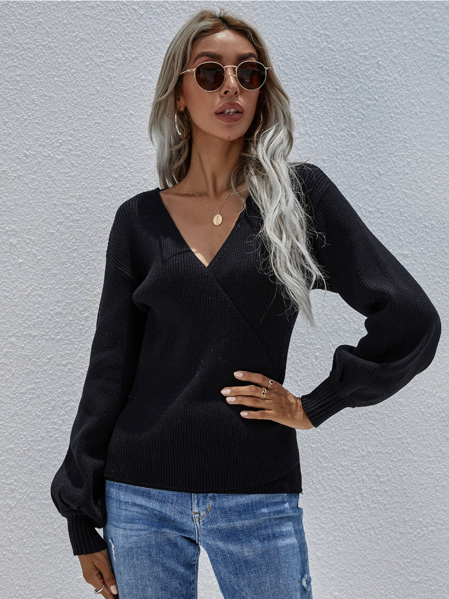 Smaibulun | Lantern-Sleeve V-Neck Wrap Knit Top - Black - Image 4