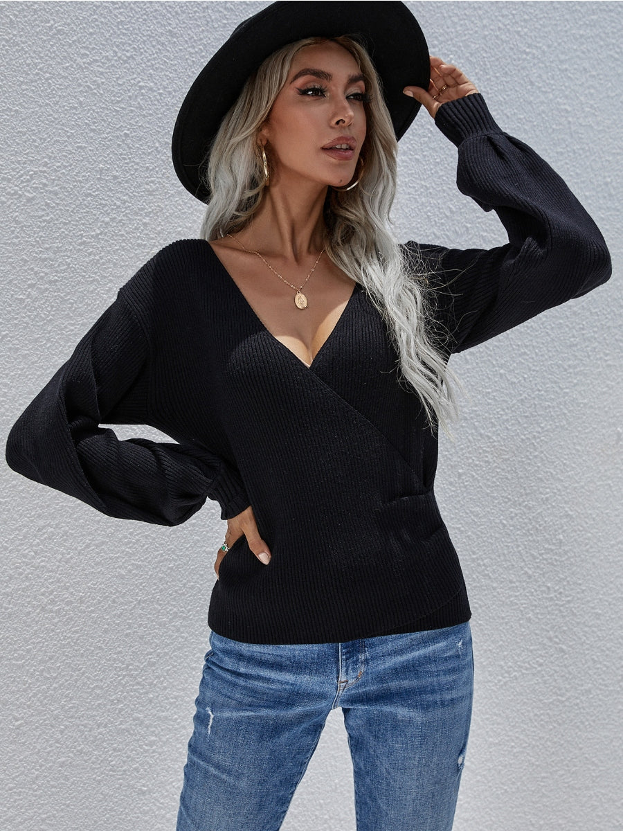 Smaibulun | Lantern-Sleeve V-Neck Wrap Knit Top - Black - Image 5