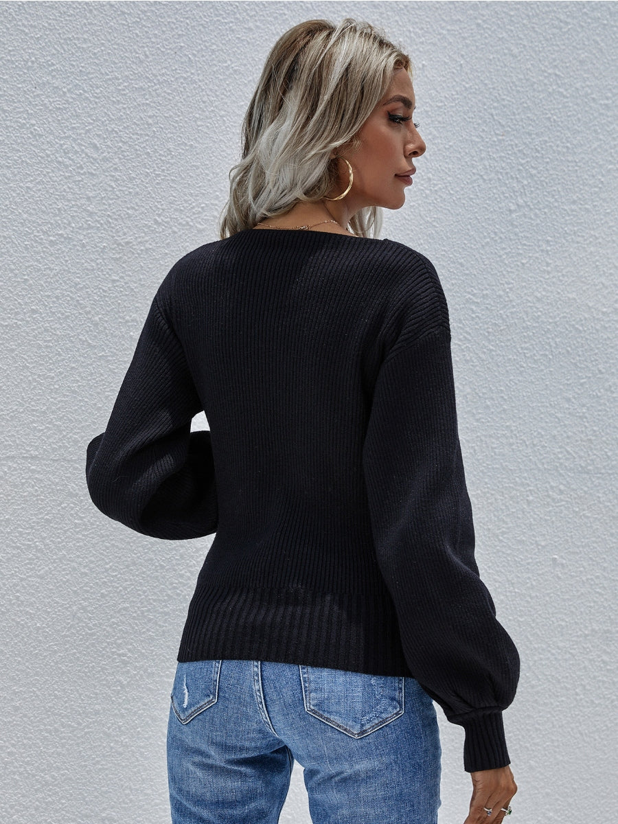 Smaibulun | Lantern-Sleeve V-Neck Wrap Knit Top - Black - Image 7