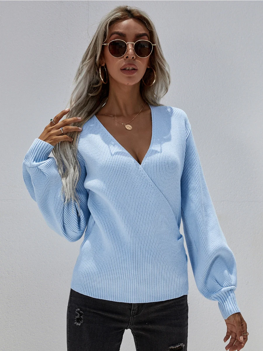 Smaibulun | Lantern-Sleeve V-Neck Wrap Knit Top - Blue - Image 2