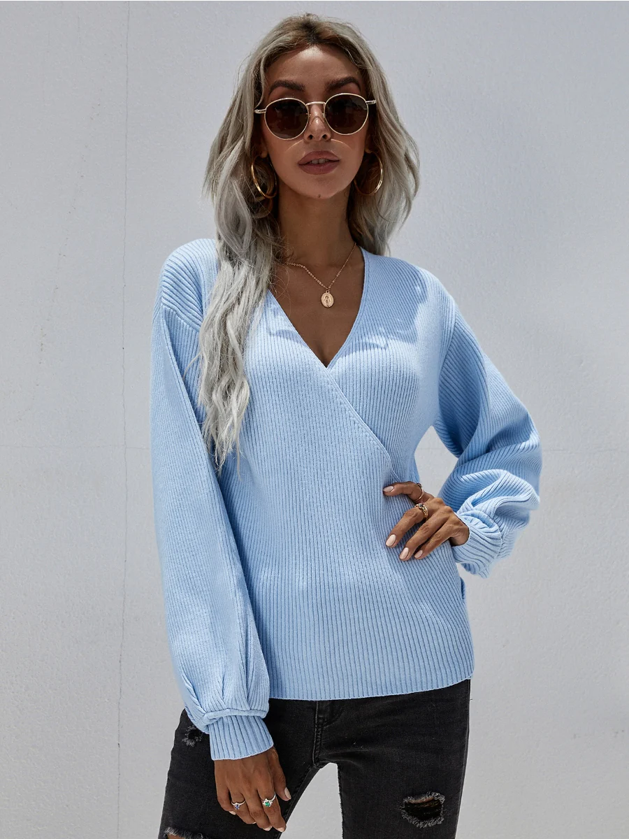 Smaibulun | Lantern-Sleeve V-Neck Wrap Knit Top - Blue - Image 3