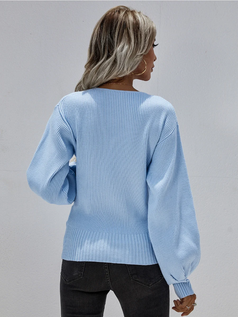 Smaibulun | Lantern-Sleeve V-Neck Wrap Knit Top - Blue - Image 6