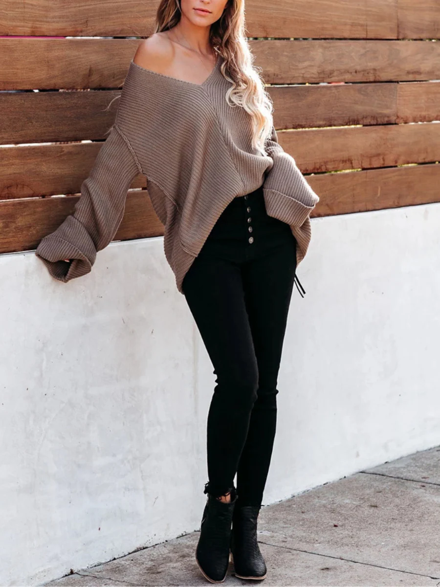 Smaibulun | MACHE Low V-Neck Oversize Sleeve Knit Top - Beige - Image 3