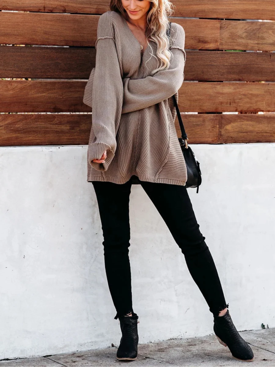Smaibulun | MACHE Low V-Neck Oversize Sleeve Knit Top - Beige - Image 4