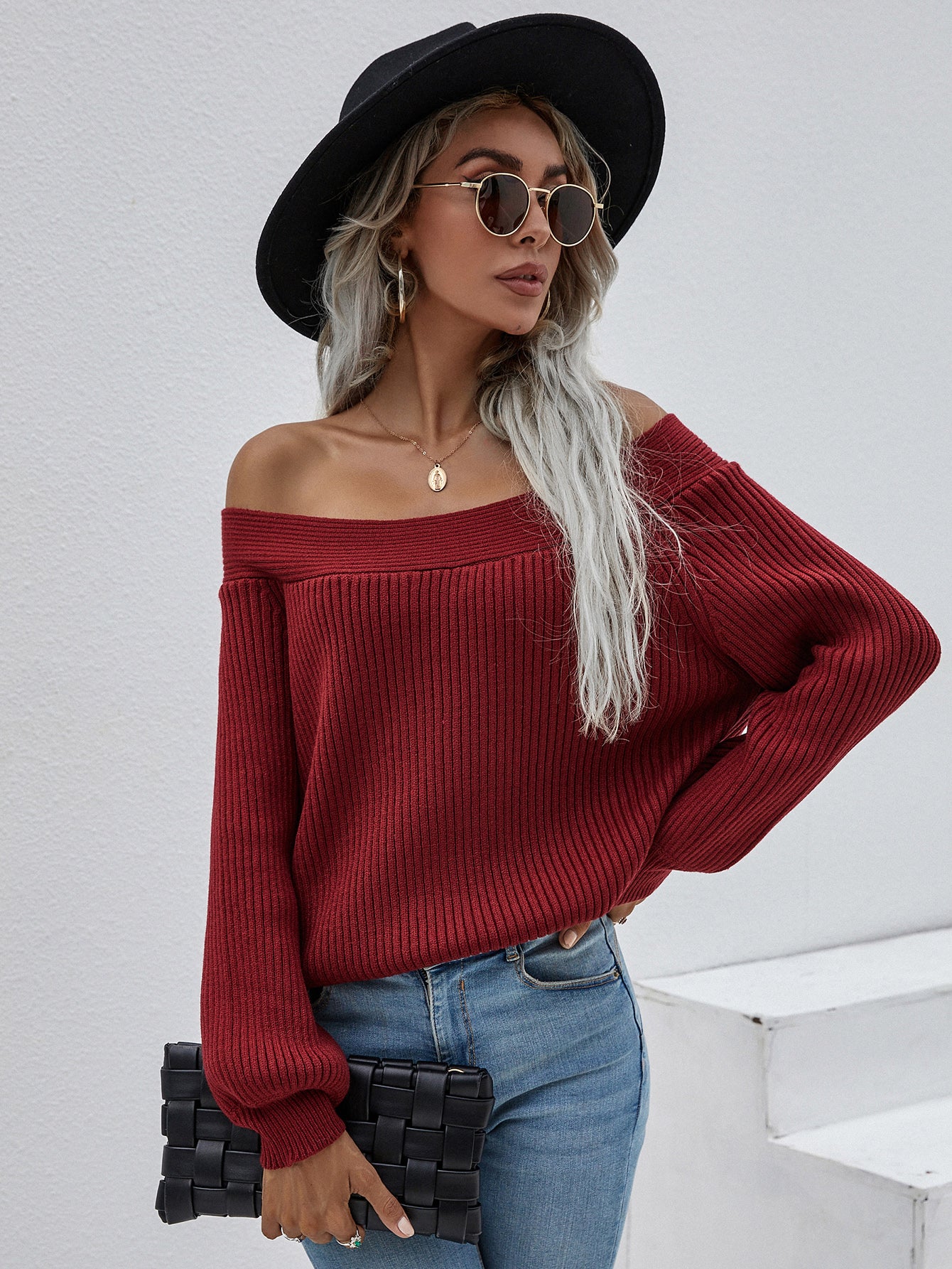 Smaibulun | Maroon Bell-Sleeve Off-Shoulder Knit Sweater - Image 2