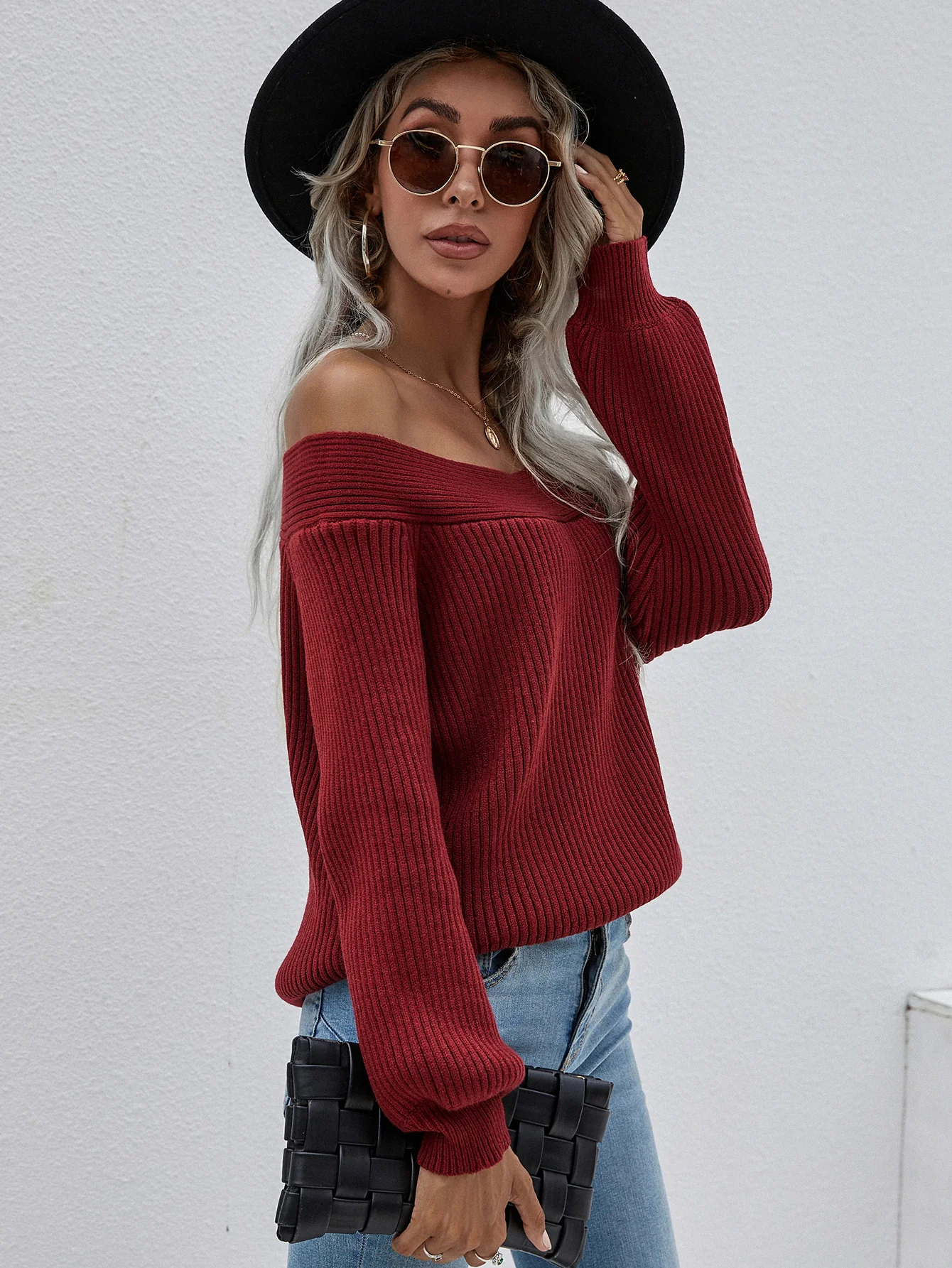 Smaibulun | Maroon Bell-Sleeve Off-Shoulder Knit Sweater - Image 3