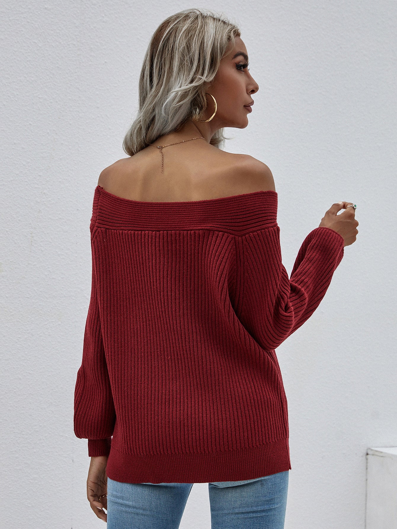 Smaibulun | Maroon Bell-Sleeve Off-Shoulder Knit Sweater - Image 5