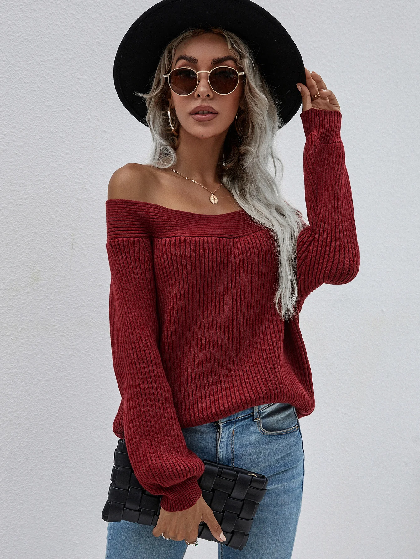 Smaibulun | Maroon Bell-Sleeve Off-Shoulder Knit Sweater - Image 6