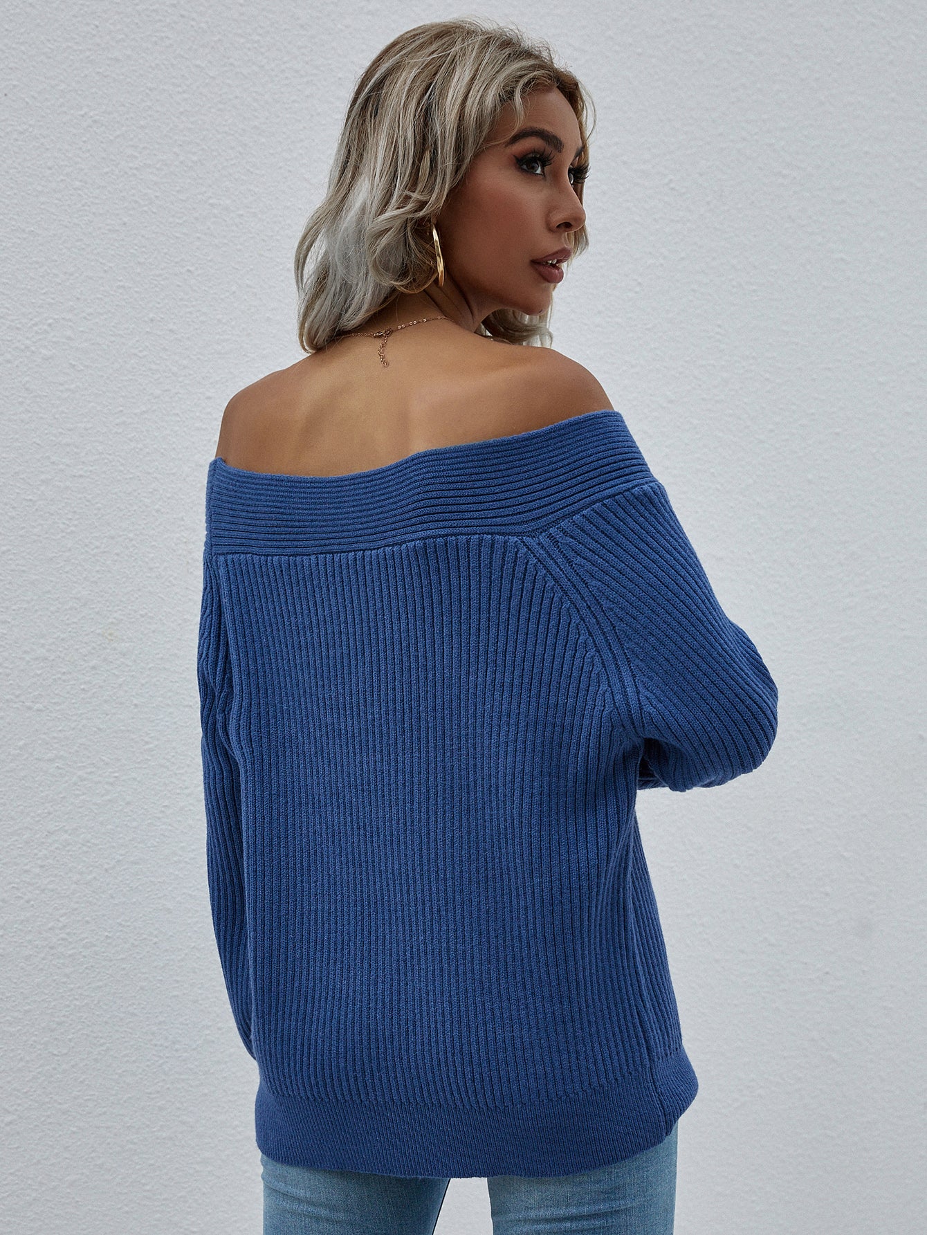 Smaibulun | Navy Bell-Sleeve Off-Shoulder Knit Sweater - Image 6