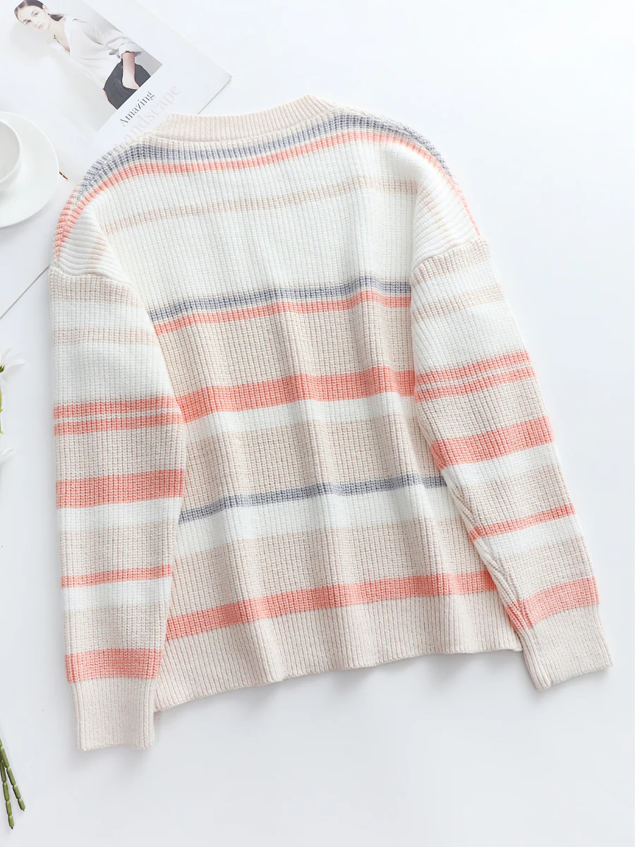 Smaibulun | Peach Grey Stripe Crew Neck Knit Top - Image 2