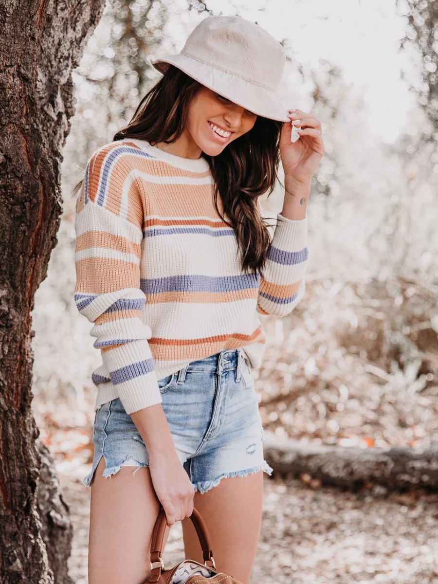 Smaibulun | Pink Mauve Stripe Crew Neck Knit Top