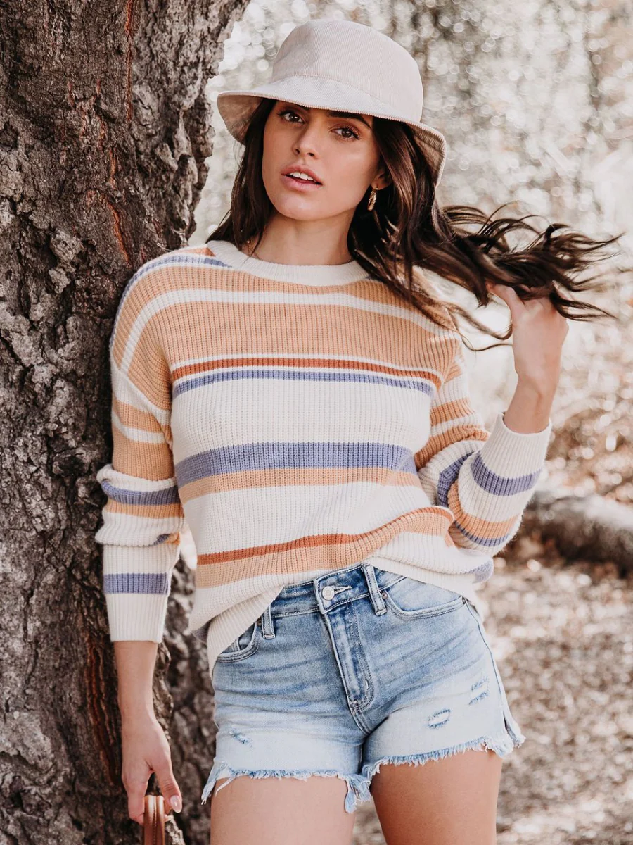 Smaibulun | Pink Mauve Stripe Crew Neck Knit Top - Image 2