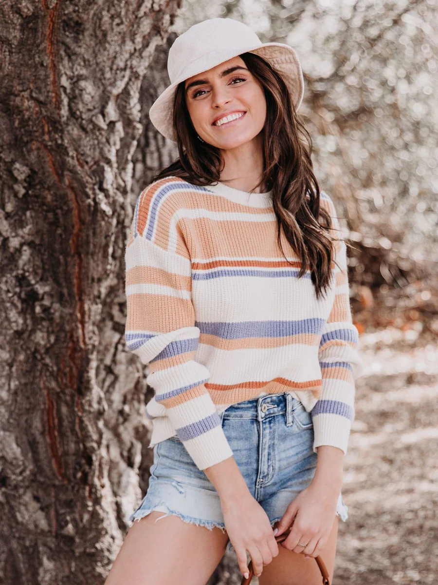 Smaibulun | Pink Mauve Stripe Crew Neck Knit Top - Image 3