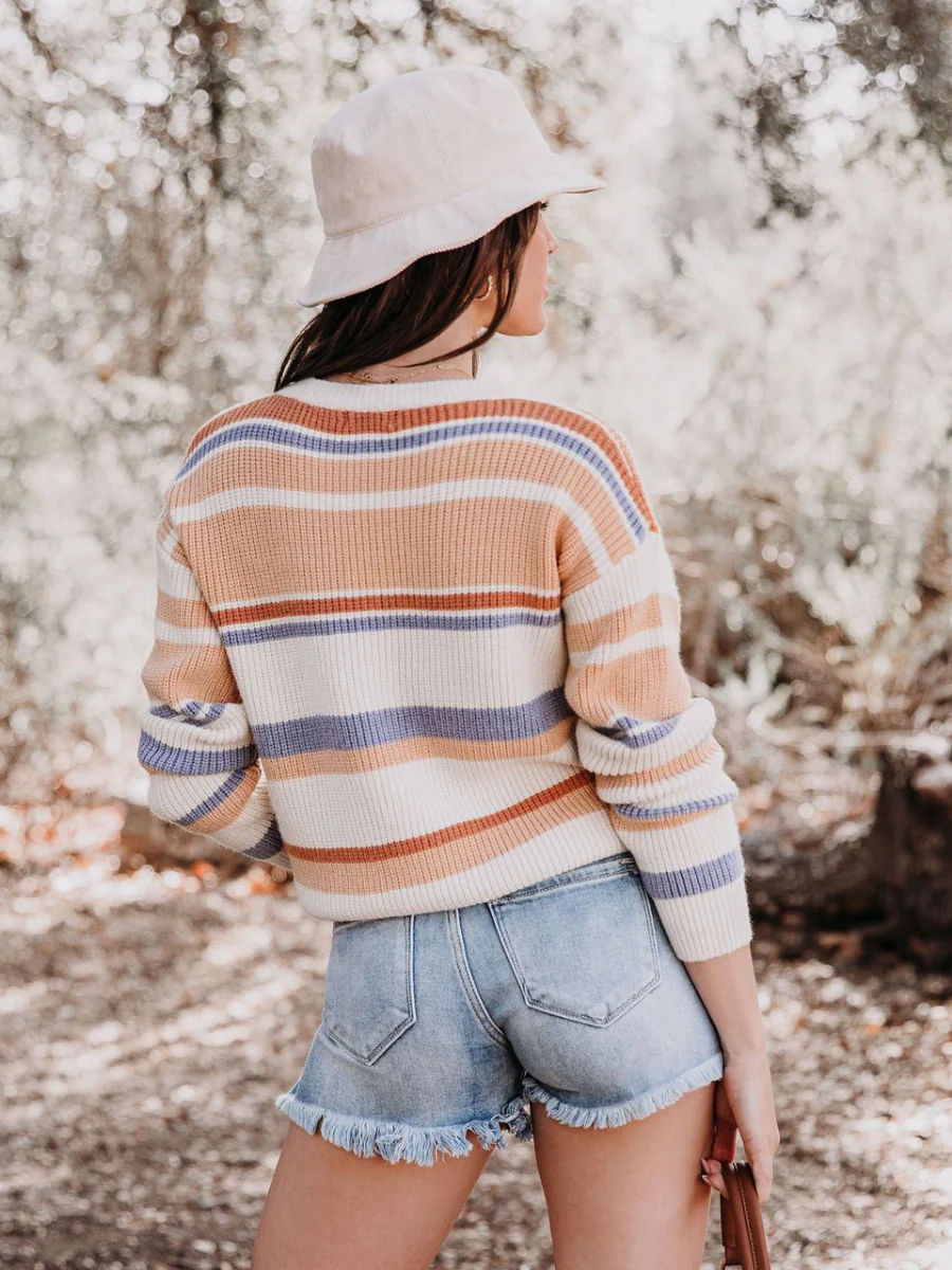 Smaibulun | Pink Mauve Stripe Crew Neck Knit Top - Image 6