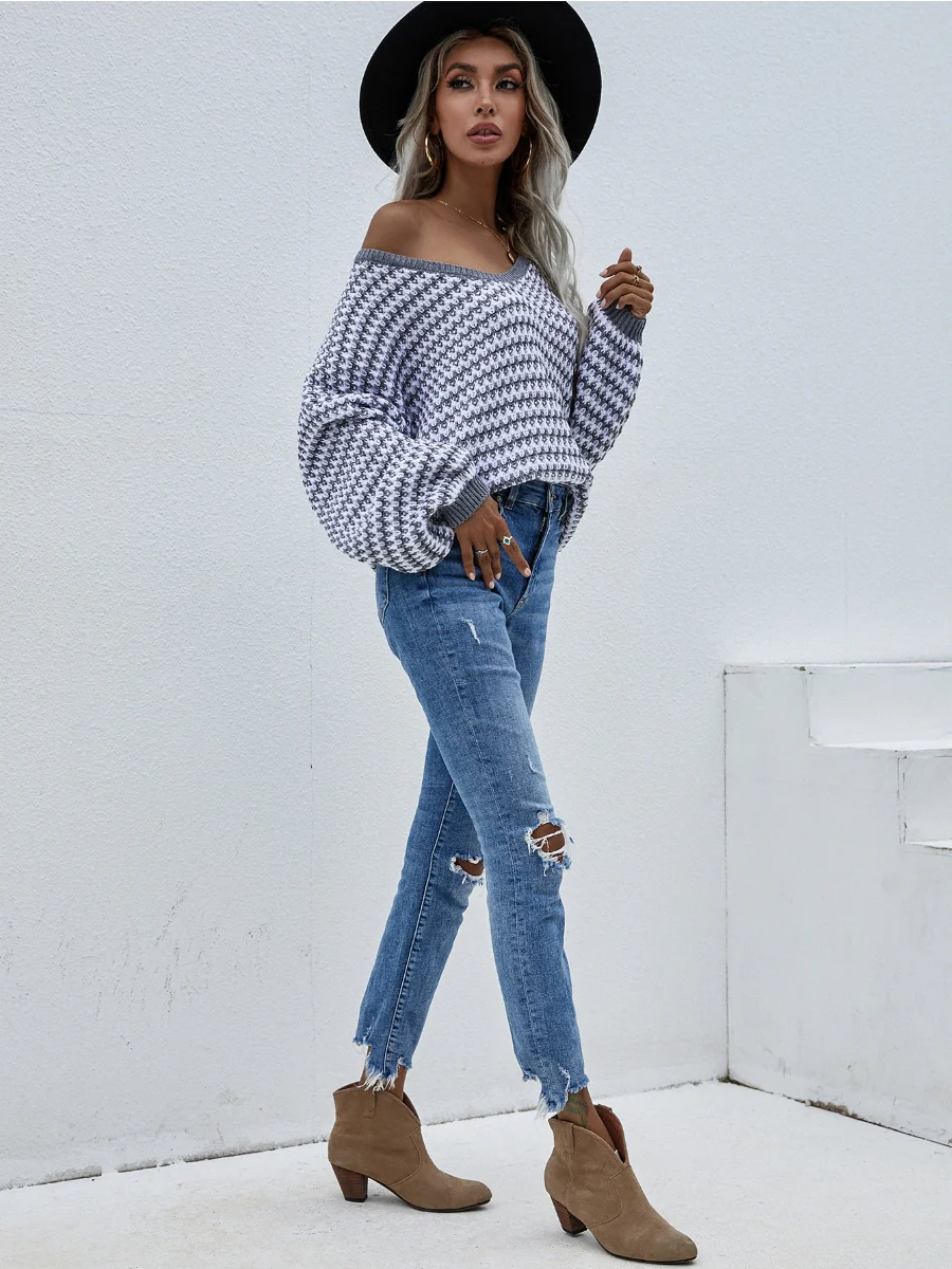 Smaibulun | Puff sleeve V-Neck Sweater - Grey - Image 4