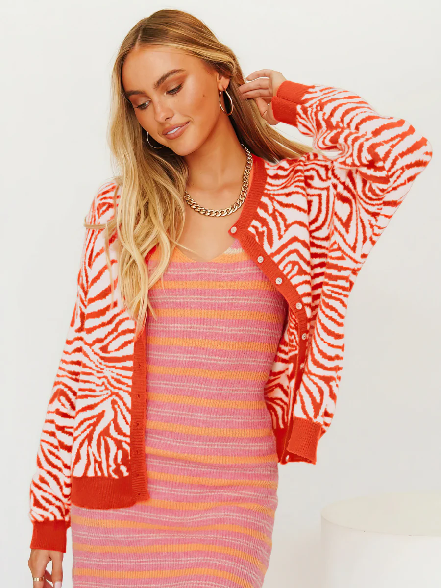 Smaibulun | Tiger Year Animal Patterned Knit Cardigan - Orange - Image 3