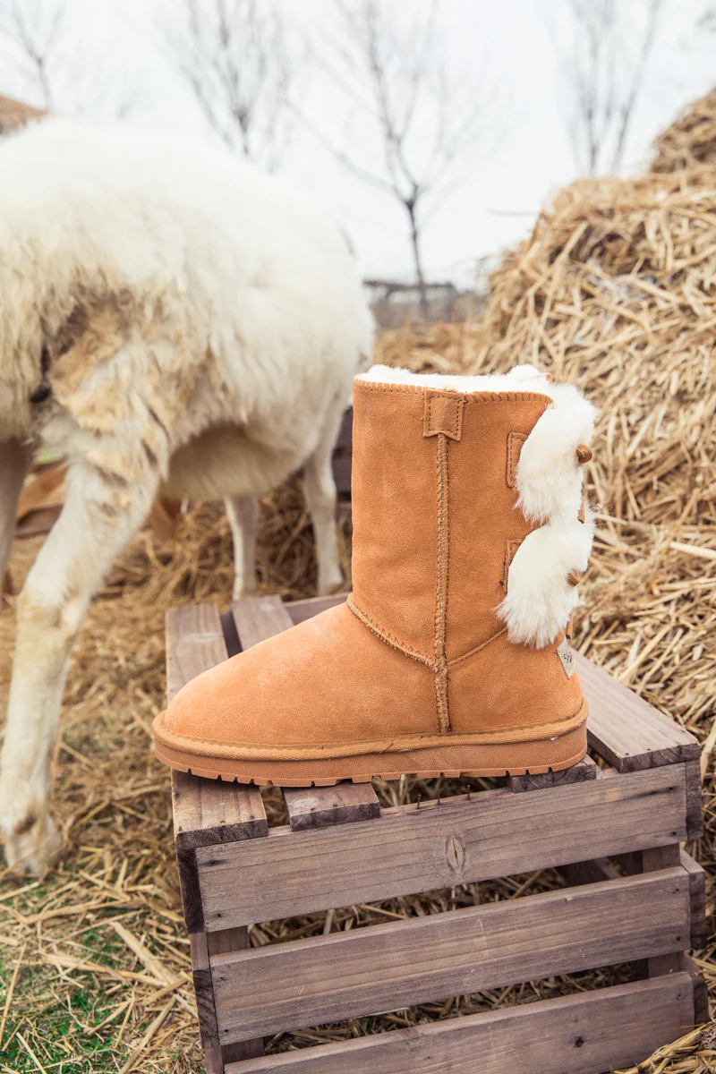 SMAIBULUN Ugg | Back Woollen Bow Suede Boots - Chestnut - Image 10