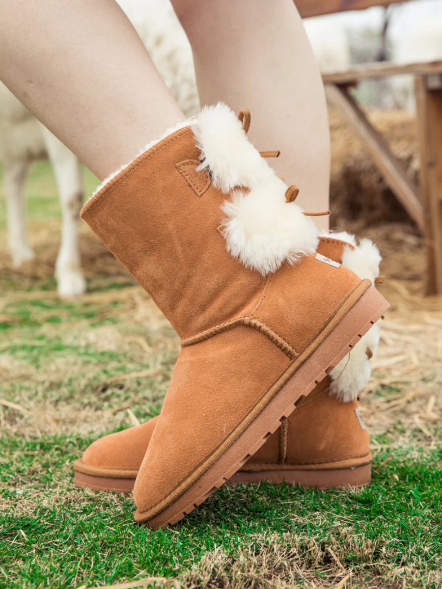 SMAIBULUN Ugg | Back Woollen Bow Suede Boots - Chestnut - Image 6