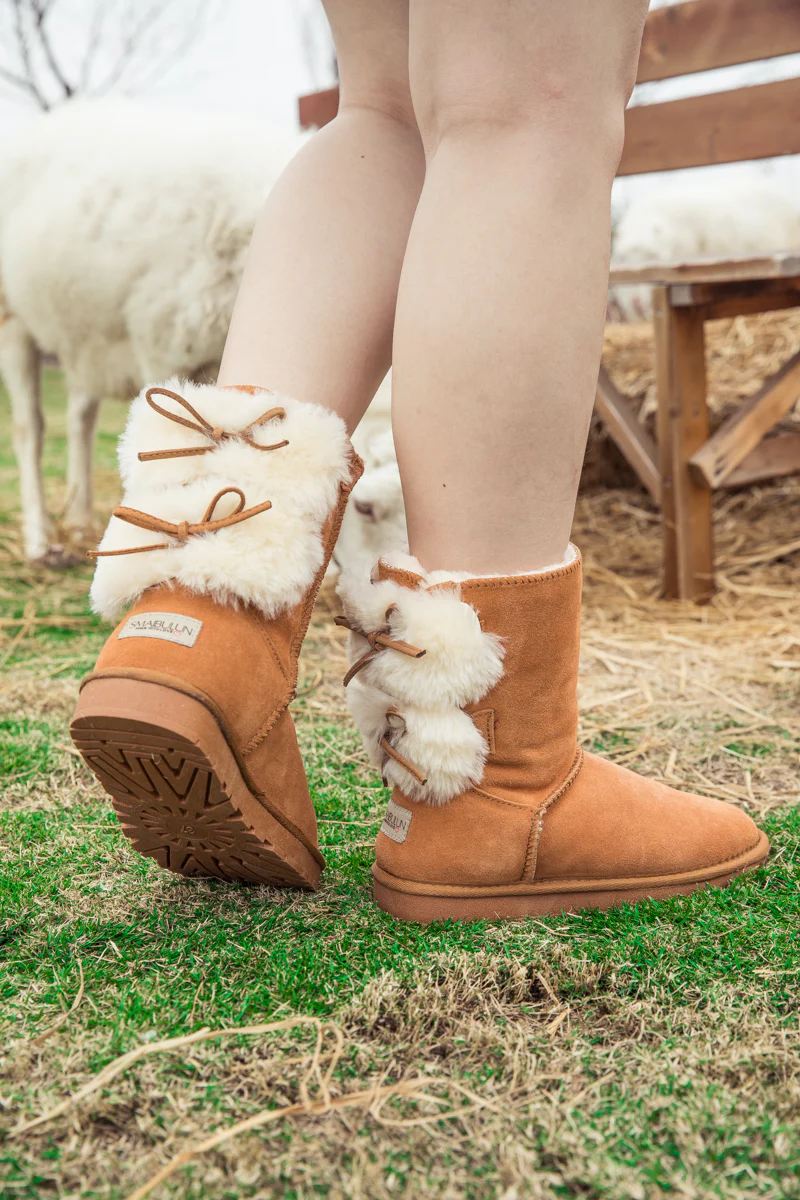SMAIBULUN Ugg | Back Woollen Bow Suede Boots - Chestnut - Image 7