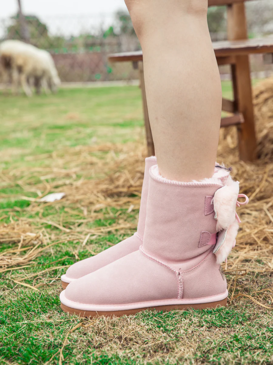 SMAIBULUN Ugg | Back Woollen Bow Suede Boots - Pink - Image 5