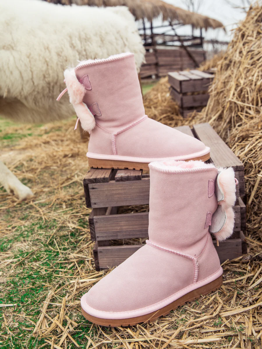 SMAIBULUN Ugg | Back Woollen Bow Suede Boots - Pink - Image 6