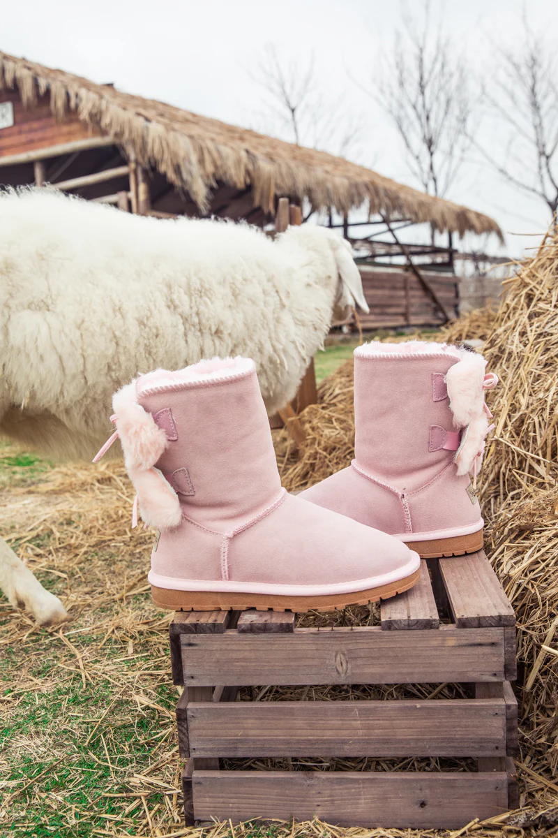 SMAIBULUN Ugg | Back Woollen Bow Suede Boots - Pink - Image 7