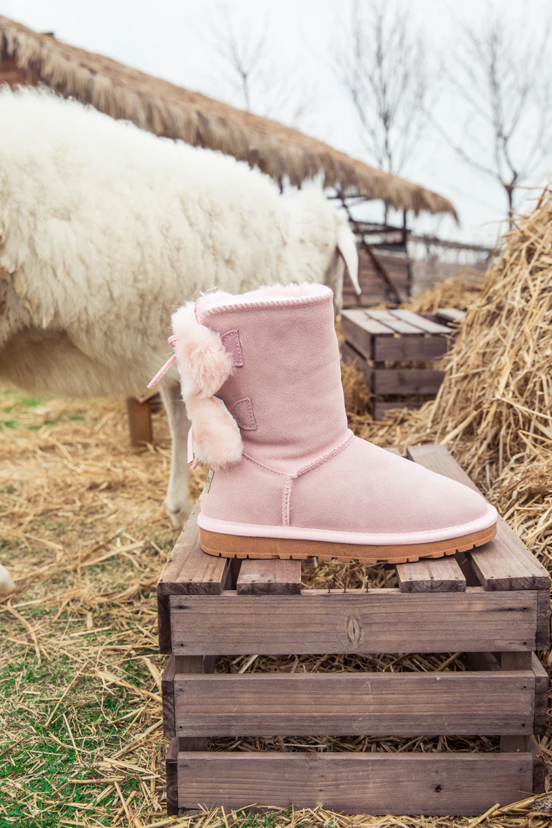 SMAIBULUN Ugg | Back Woollen Bow Suede Boots - Pink - Image 8