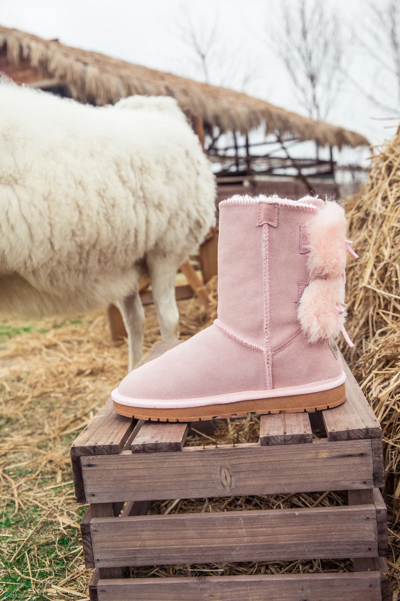 SMAIBULUN Ugg | Back Woollen Bow Suede Boots - Pink - Image 9