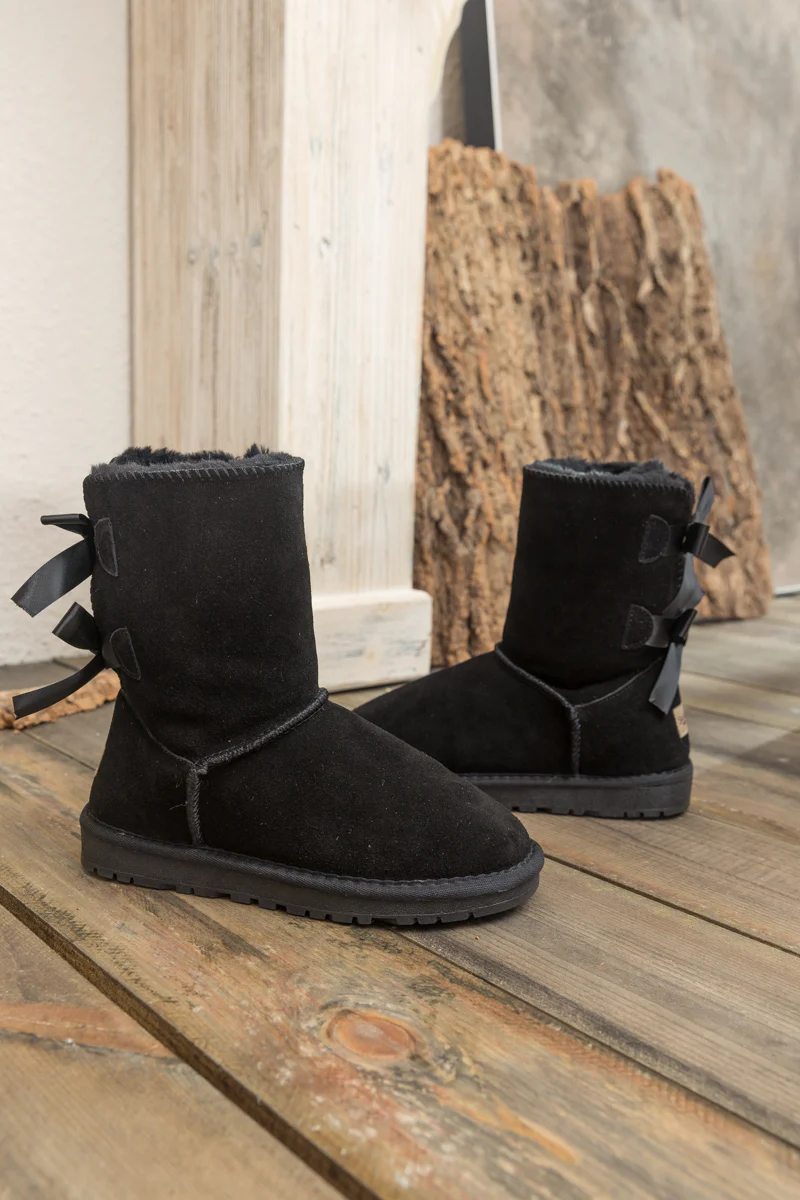 Smaibulun Ugg | Double Ballet Ribbon Bow Suede Shearling Boots - Black - Image 10