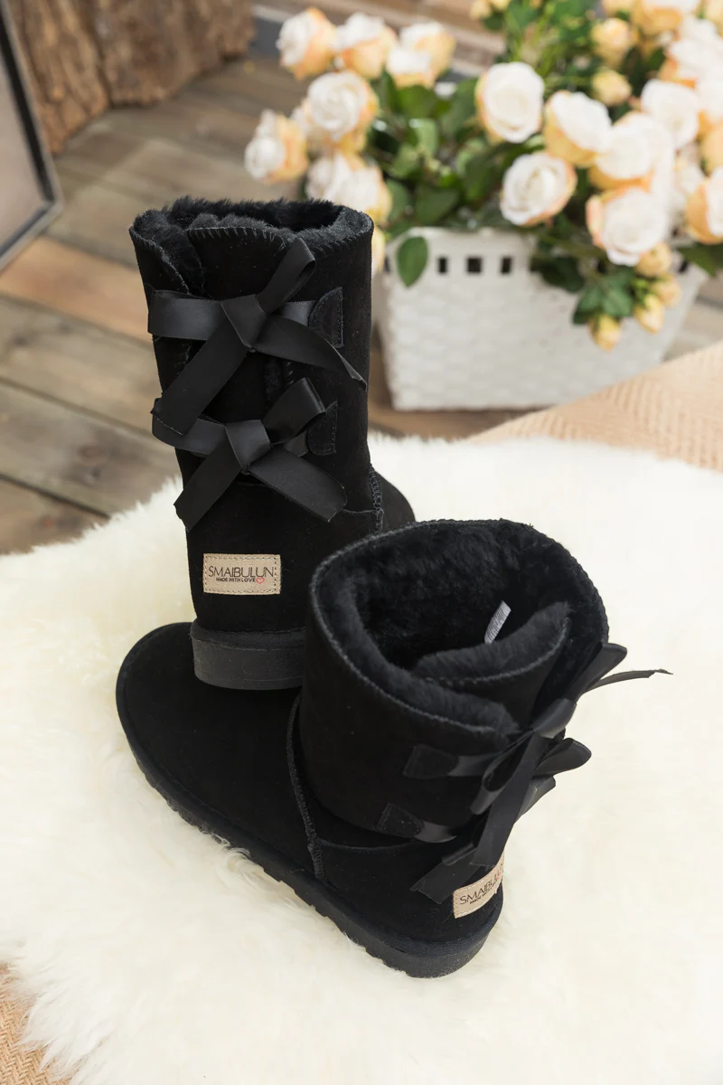 Smaibulun Ugg | Double Ballet Ribbon Bow Suede Shearling Boots - Black - Image 6