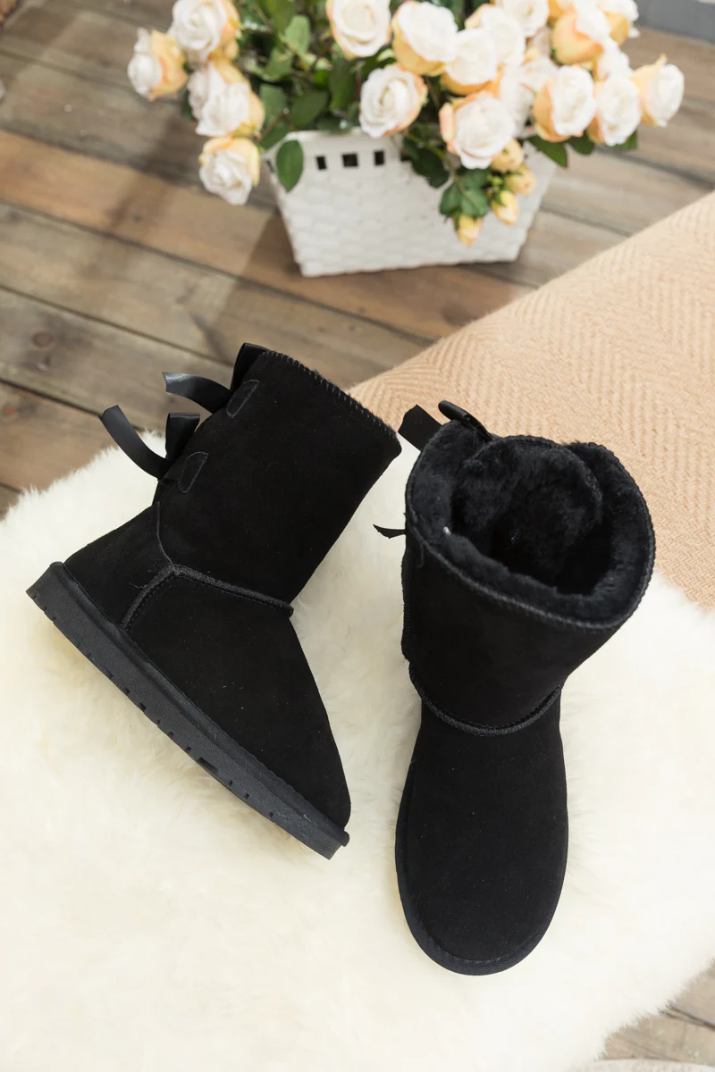 Smaibulun Ugg | Double Ballet Ribbon Bow Suede Shearling Boots - Black - Image 7