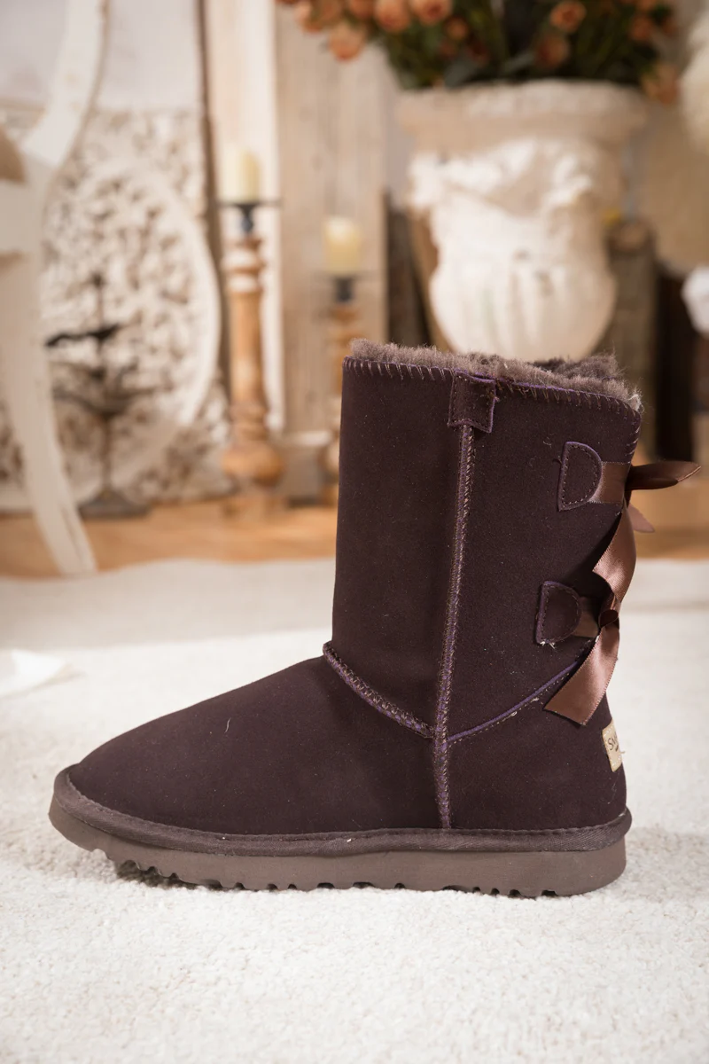 Smaibulun Ugg | Double Ballet Ribbon Bow Suede Shearling Boots - brown - Image 10