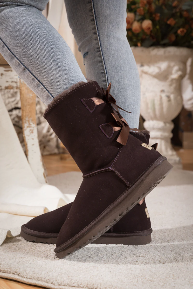 Smaibulun Ugg | Double Ballet Ribbon Bow Suede Shearling Boots - brown - Image 5