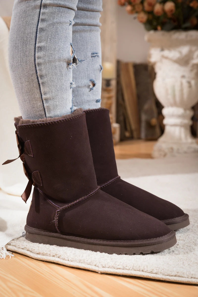 Smaibulun Ugg | Double Ballet Ribbon Bow Suede Shearling Boots - brown - Image 6