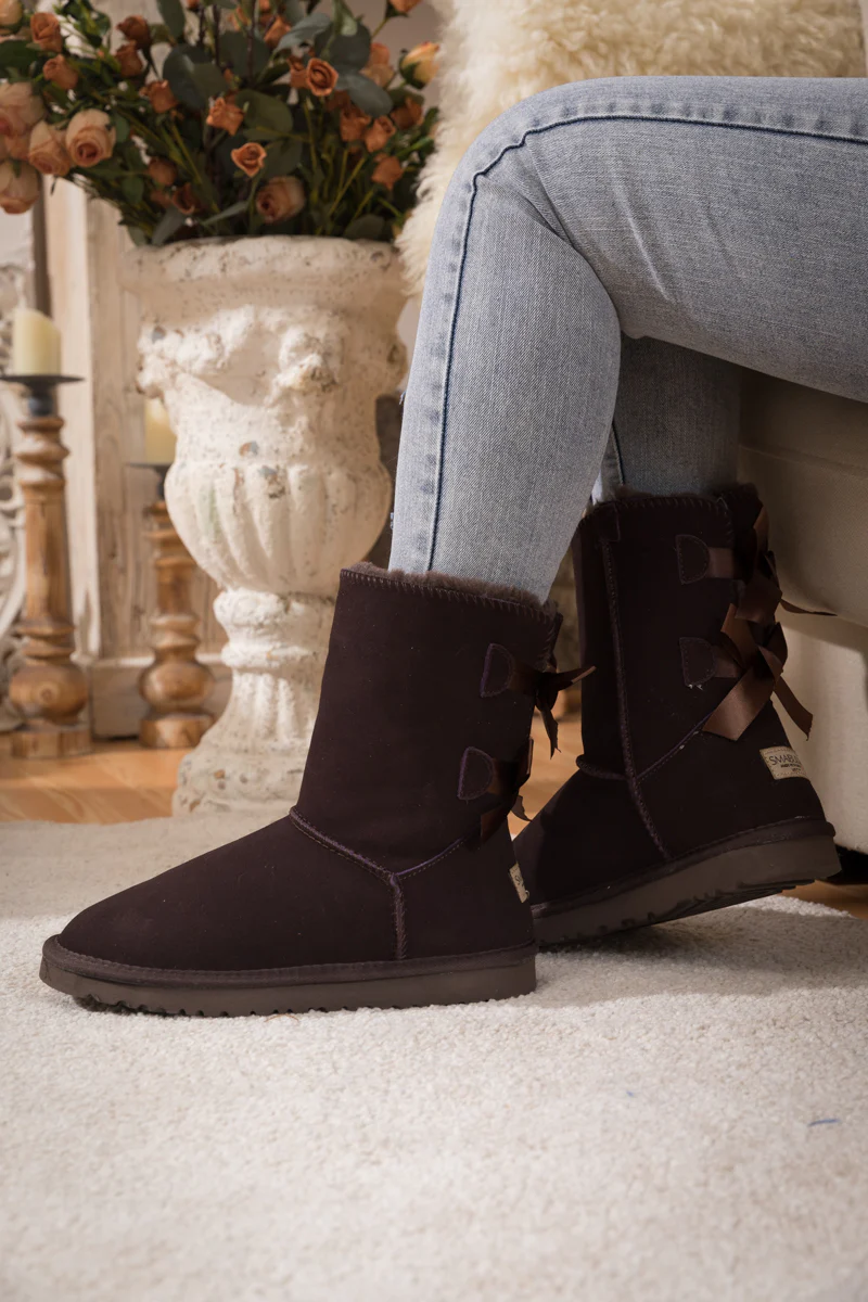 Smaibulun Ugg | Double Ballet Ribbon Bow Suede Shearling Boots - brown - Image 7