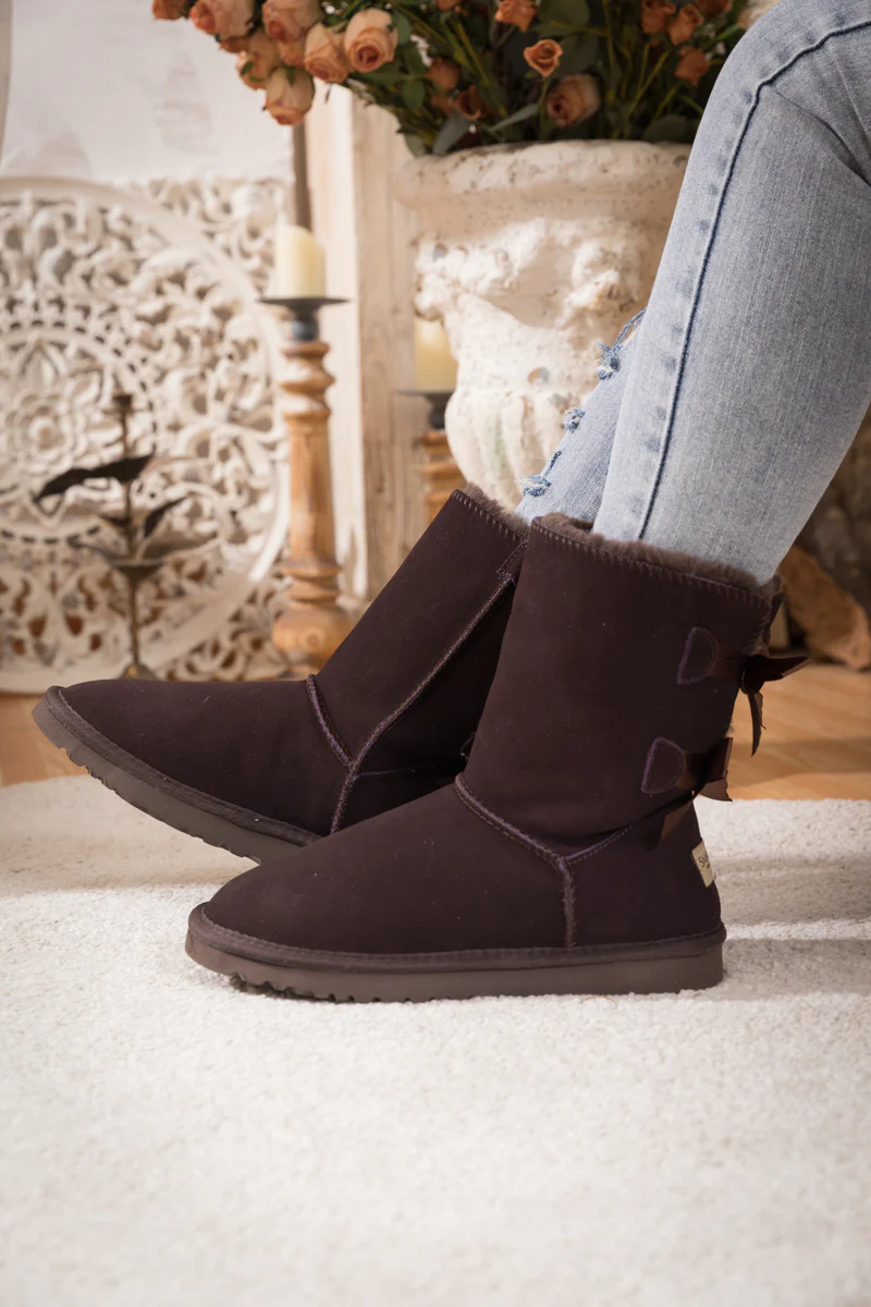 Smaibulun Ugg | Double Ballet Ribbon Bow Suede Shearling Boots - brown - Image 8