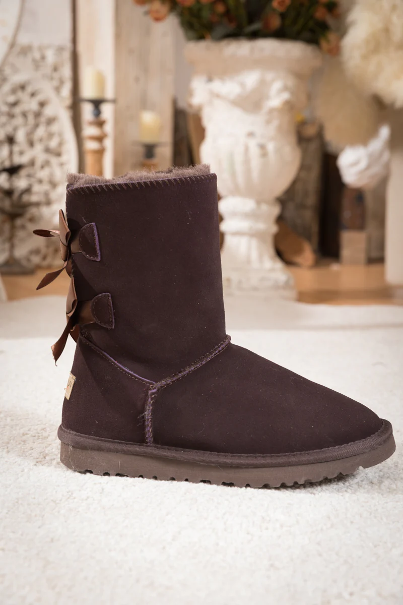 Smaibulun Ugg | Double Ballet Ribbon Bow Suede Shearling Boots - brown - Image 9