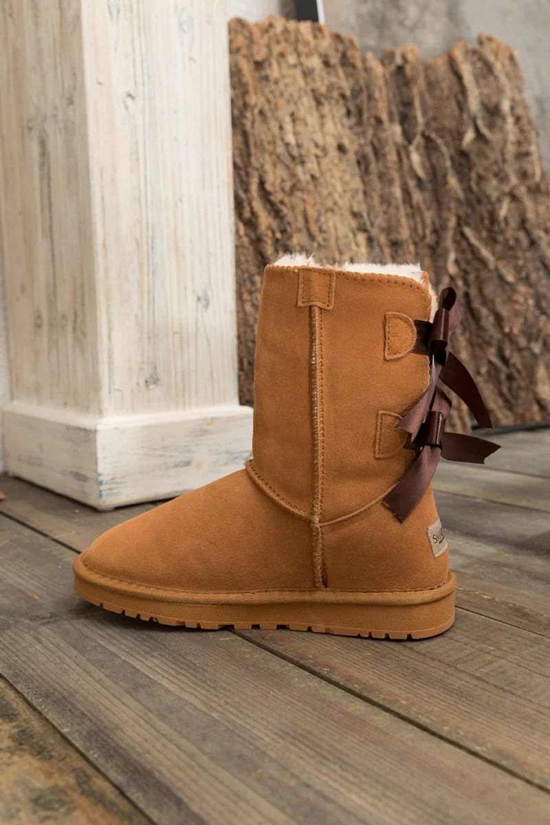 Smaibulun Ugg | Double Ballet Ribbon Bow Suede Shearling Boots - Chestnut - Image 10
