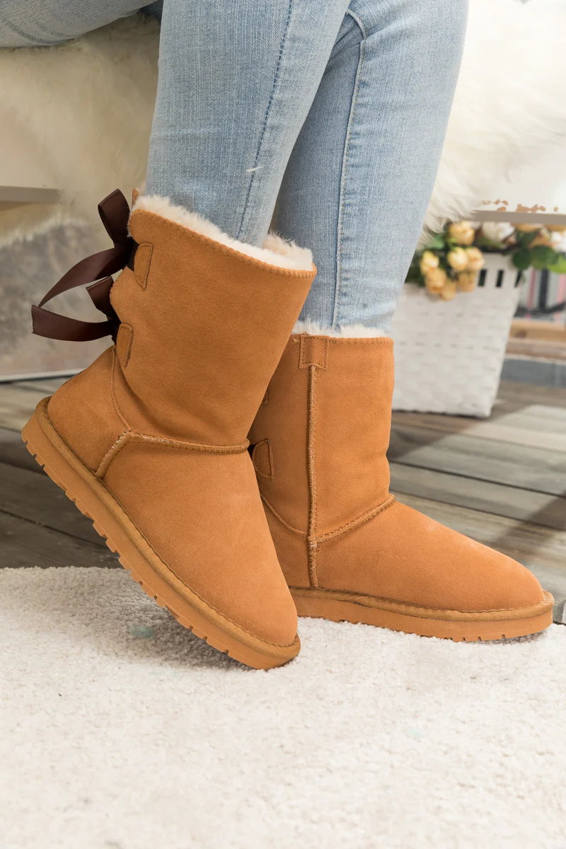 Smaibulun Ugg | Double Ballet Ribbon Bow Suede Shearling Boots - Chestnut - Image 5
