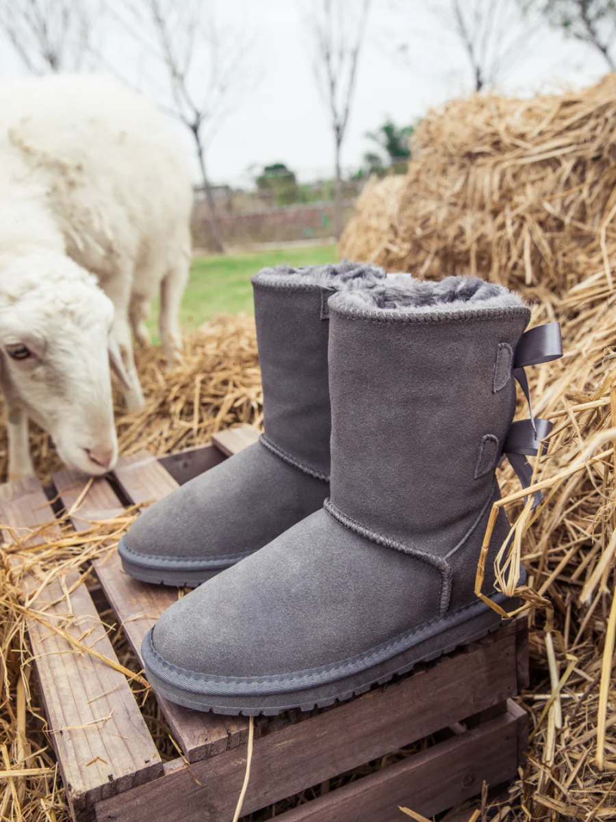 Smaibulun Ugg | Double Ballet Ribbon Bow Suede Shearling Boots - grey - Image 10