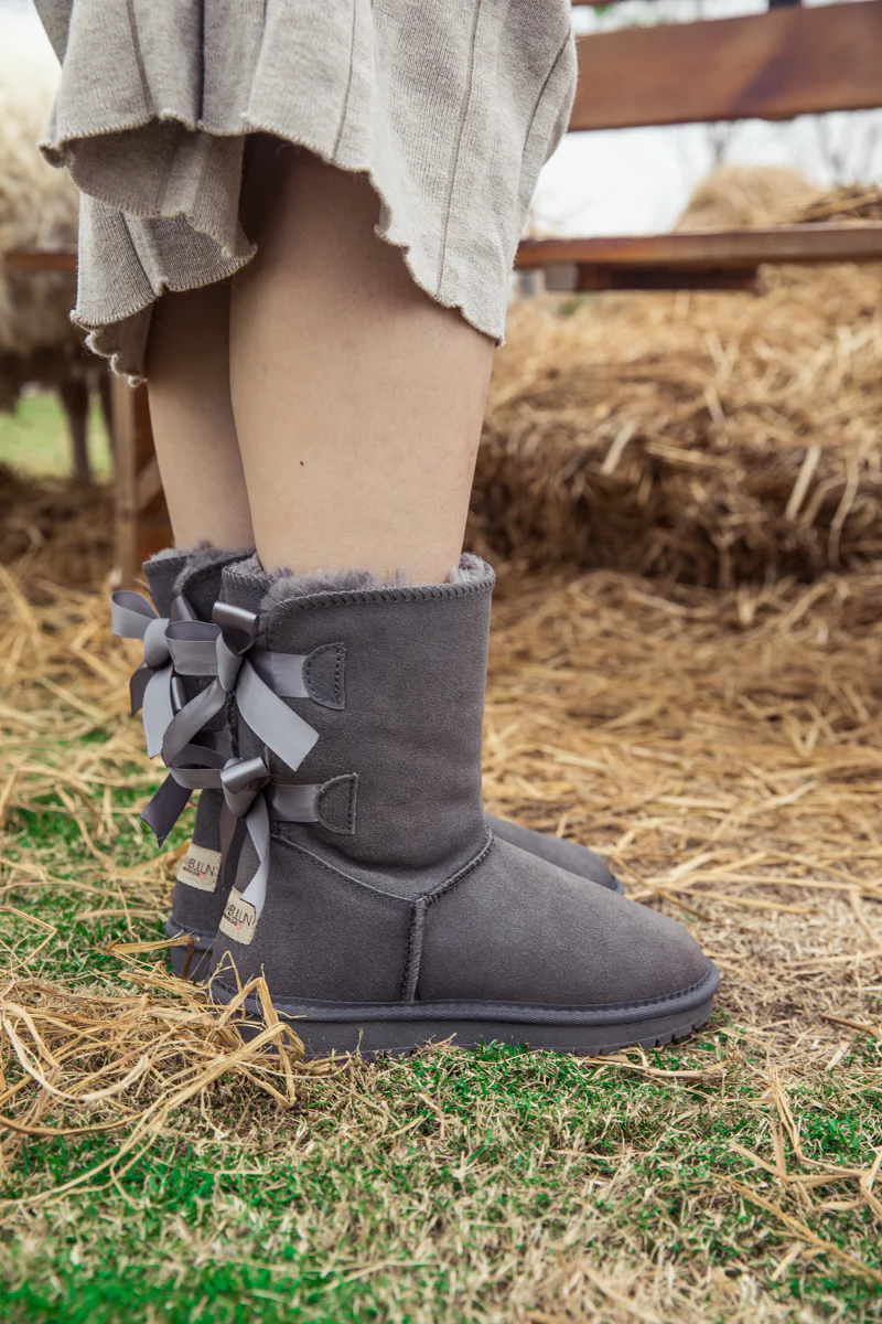 Smaibulun Ugg | Double Ballet Ribbon Bow Suede Shearling Boots - grey - Image 3