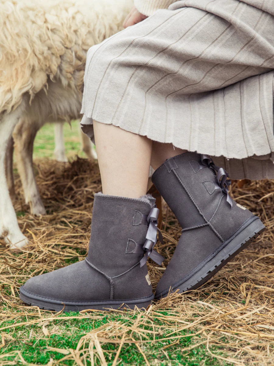 Smaibulun Ugg | Double Ballet Ribbon Bow Suede Shearling Boots - grey - Image 5