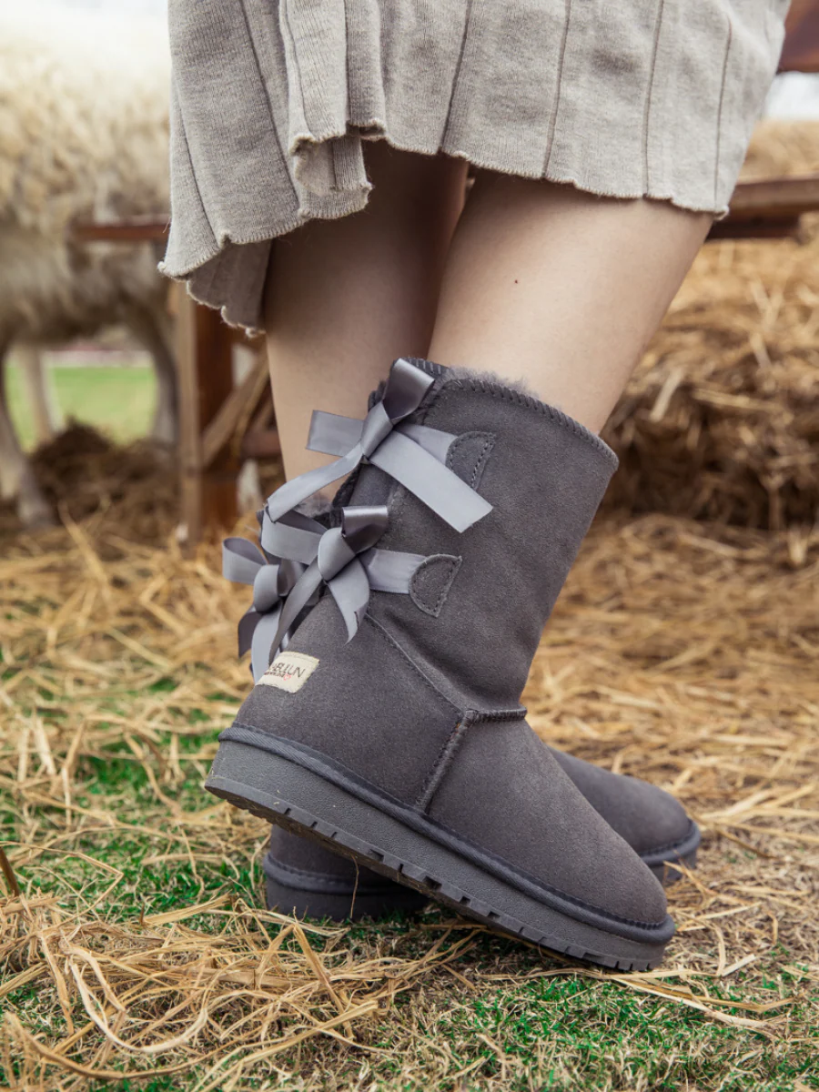 Smaibulun Ugg | Double Ballet Ribbon Bow Suede Shearling Boots - grey - Image 6