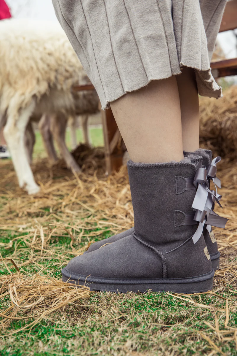 Smaibulun Ugg | Double Ballet Ribbon Bow Suede Shearling Boots - grey - Image 7