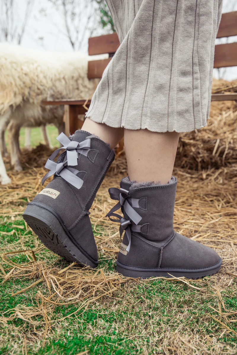 Smaibulun Ugg | Double Ballet Ribbon Bow Suede Shearling Boots - grey - Image 8
